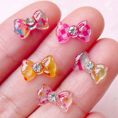 Transparent Tiny Bow Bowtie Cabochon w/ Clear Rhinestones (5pcs / 11mm x 7mm) Fake Miniature Cupcake Topper Earring Making Nail Art NAC139