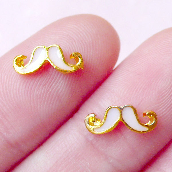 Tiny Mustache Cabochon (2pcs) (10mm x 4mm / White & Gold) Fake Miniature Cupcake Topper Kawaii Nail Art Nail Decoration Scrapbooking NAC158