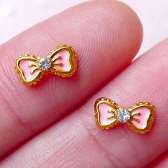 CLEARANCE Tiny Pink Bow Bowtie Cabochon with Clear Rhinestones (2pcs / 9mm) Fake Miniature Cupcake Topper Earrings Making Nail Art Decoration NAC191