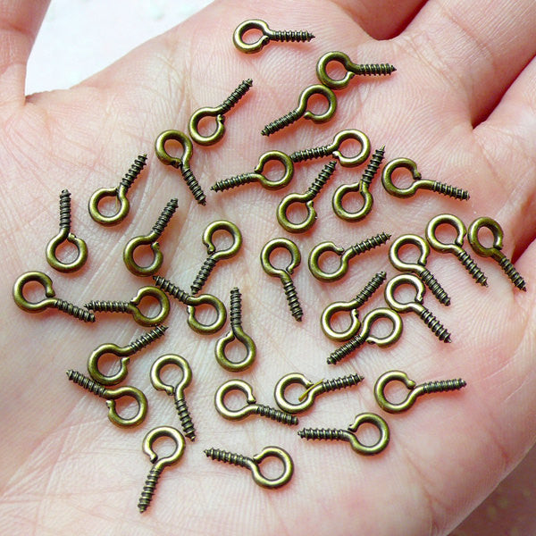 Small Screw Eye Pin / Screw Eye Hook / Screw Hook Bails / Screw Eye Bails  (5mm x 11mm / 50pcs / Antique Bronze) Pendant Charms Making F122