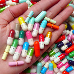 Pill Capsule Cabochons w/ Message Letter (15pcs / 21mm) Kawaii Colorful Emoticon Smile Pill Scrapbooking Wishing Jar Making Decoden CAB299
