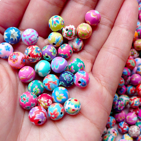 Flower Polymer Clay Beads Mix / Assorted Beads (8mm / Round / Floral /  20pcs by Random) Jewelry Necklace Bracelet Keyring Charm Making F107