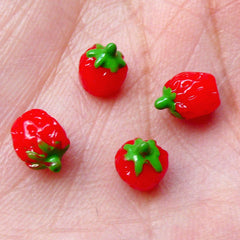 Tiny Strawberry Cabochons (4pcs / 5mm x 7mm / 3D) Faux Cupcake Topper Kawaii Fruit Topping Miniature Sweets Ice Cream Parfait Sundae FCAB241