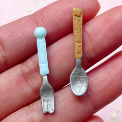Mini Spoon & Fork Cabochons (2pcs / 5mm x 29mm / 3D) Dollhouse Cutlery Miniature Utensil Tiny Flatware Scrapbooking Fimo Food Craft FCAB246