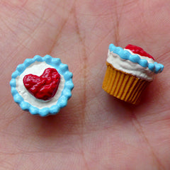 Heart Cupcake Cabochons (2pcs / 13mm x 12mm / 3D) Phone Case Deco Kawaii Earphone Plug Making Fake Miniature Sweets Dollhouse Food FCAB267