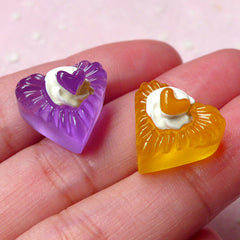 Heart Jelly Cabochons (2pcs / 15mm x 14mm / Yellow & Purple / 3D) Cellphone Deco Kawaii Dust Plug Making Dollhouse Miniature Sweets FCAB268