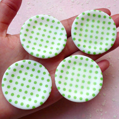 Miniature Round Plate Cabochons (4pcs / 42mm / Green Polka Dot / Flat Back) Cute Dollhouse Food DIY Kawaii Kitsch Jewelley Scrapbooking MC37