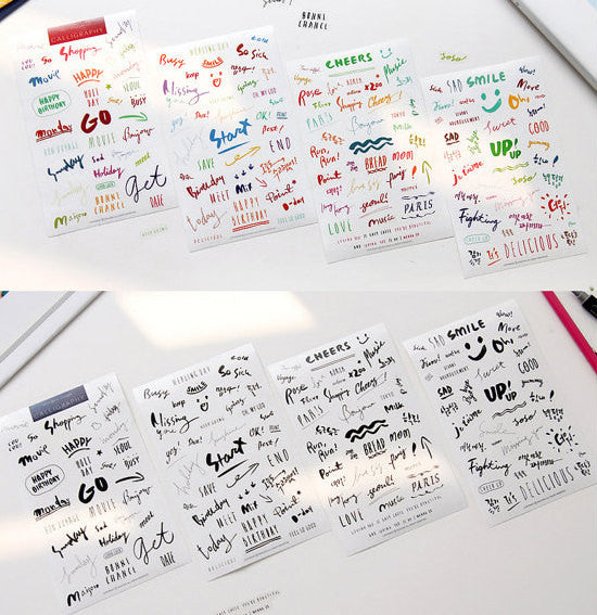 Calligraphy Sticker / Clear Sticker by Petit Deco from Korea (8 Sheets) Scrapbook Diary Decoration Collage Packaging Expression Message S237