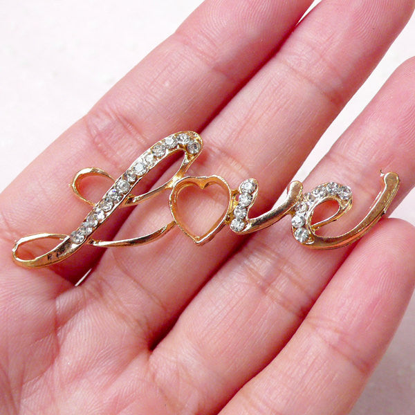 Love Cabochon / Charm with Rhinestones (58mm x 17mm) Wedding Favor Valentines Day Gift Decoration Keyring Key Charm Purse Zipper Pull CAB363