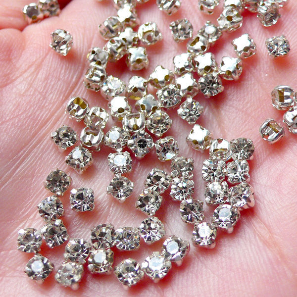 Sew On 3mm Rhinestones (Clear with Silver Setting / 100pcs) Sewing