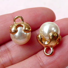 Pearl Charm Drop (10mm x 16mm / 2pcs / Gold & Cream) Cute Add on Charm Bracelet Round Pearl Drops Earrings Jewelry Pouch Zipper Pull CHM808