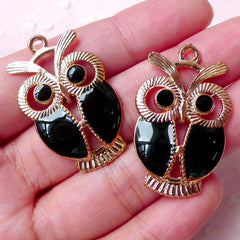 Enamel Owl Charms / Kawaii Bird Charm (2pcs / 22mm x 34mm / Gold & Black) Animal Handbag Charm Pendant Earring Zipper Pull Wine Charm CHM841
