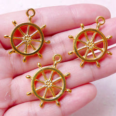 Boat Wheel Charm / Ship Wheel Charms (3pcs / 23mm x 27mm / Gold / 2 Sided) Nautical Jewelry Bracelet Connector Sailing Cruising Boat CHM848