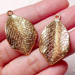 3D Leaf Charm (2pcs / 20mm x 33mm / Gold / 2 Sided) Floral Jewelry Earring Pendant Bracelet Necklace Pouch Zipper Pull Bookmark DIY CHM858