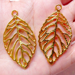 Large Leaf Charm / Bracelet Connector (2pcs / 26mm x 48mm / Gold) Outline Floral Jewellery Earring Pendant Pouch Zipper Pull Bookmark CHM846