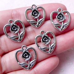 Rose in Heart Charms / Valentines Day Favor Charm (5pcs / 16mm x 18mm / Tibetan Silver) Floral Jewelry Wine Charm Bookmark Charm CHM872