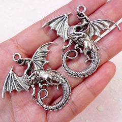 Large Dragon Charm / Pendant (2pcs / 46mm x 43mm / Tibetan Silver) Gothic Jewelry Legendary Creature Myth Medieval Knight Fantasy CHM866