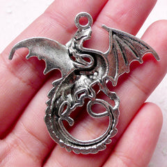 Large Dragon Charm / Pendant (2pcs / 46mm x 43mm / Tibetan Silver) Gothic Jewelry Legendary Creature Myth Medieval Knight Fantasy CHM866