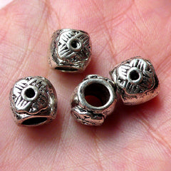 Large Hole Beads with Flower Pattern (4pcs / 11mm x 9mm / Tibetan Silver) Big Hole Bead Leather Bracelet Bead Dread Dreadlock Jewelry CHM960