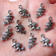 CLEARANCE Silver Witch Charms Halloween Charm (10pcs / 10mm x 15mm / Tibetan Silver / 2 Sided) Cute Halloween Jewelry Bracelet Party Wine Charm CHM953