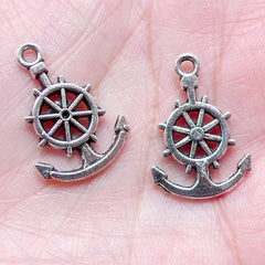 Boat Wheel / Ship Wheel & Anchor Charms (8pcs / 14mm x 20mm / Tibetan Silver) Nautical Wine Glass Charm Bracelet Yacht Club Jewellery CHM997