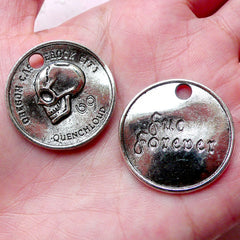 Skull Coin Charms Tag Charm (2pcs / 28mm / Tibetan Silver / 2 Sided) Gothic Jewellery Spooky Necklace Halloween Bracelet Zipper Pull CHM1052