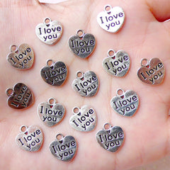 I Love You Charms Heart Tag Charm (15pcs / 11m x 11mm / Tibetan Silver / 2 Sided) Valentines Day Wedding Favor Charm Add on Charm CHM1057