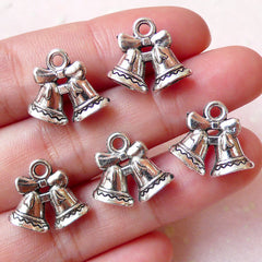 CLEARANCE Christmas Bell Charms (5pcs / 16m x 14mm / Tibetan Silver / 2 Sided) Miniature Christmas Ornament Favor Charm Wine Glass Charm CHM1064