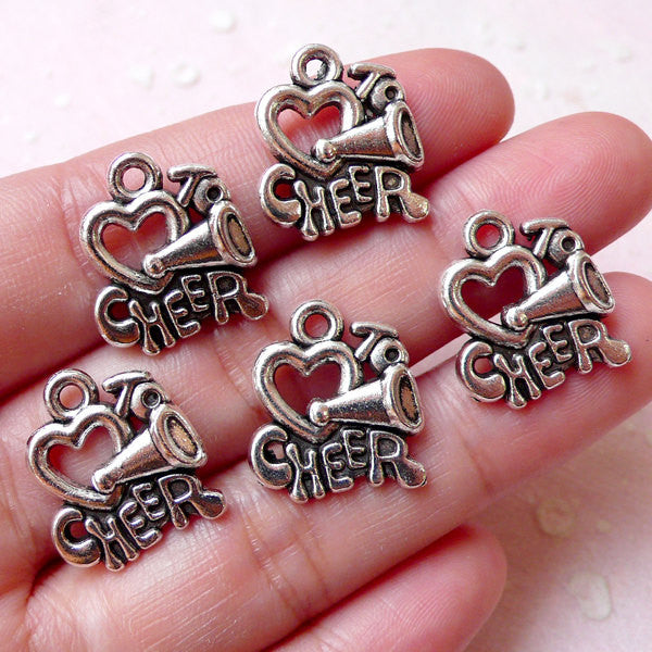 Love to Cheer Charms Cheerleader Megaphone Charm (5pcs / 16mm x 18mm / Tibetan Silver) Heart to Cheer Bracelet Keychain Favor Charm CHM1076