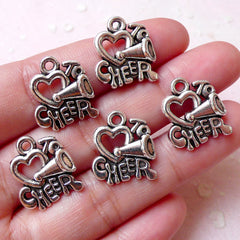 Love to Cheer Charms Cheerleader Megaphone Charm (5pcs / 16mm x 18mm / Tibetan Silver) Heart to Cheer Bracelet Keychain Favor Charm CHM1076