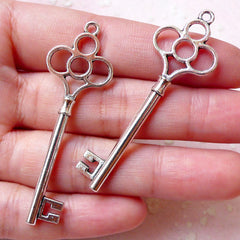 CLEARANCE Door Key Charms / Silver Key Pendant (2pcs / 18mm x 54mm / Tibetan Silver / 2 Sided) Steampunk Jewellery Necklace Zipper Pull Charm CHM1083