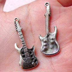 Electric Guitar Charms (4pcs / 13mm x 37mm / Tibetan Silver) Music Musician Band Jewelry Pendant Keychain Zipper Pull Bookmark Charm CHM1098
