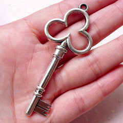 CLEARANCE Large Silver Key Charm / Big Fancy Key Pendant (1 piece / 28mm x 70mm / Tibetan Silver) Key Charm Necklace Zipper Pull Keyring Charm CHM1134