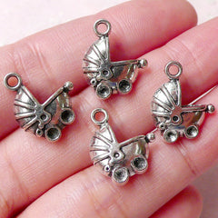 Baby Pram Charms Baby Stroller Charm Baby Carriage Charm (4pcs / 14mm x 16mm / Tibetan Silver) Baby Shower Decor Cute Favor Charm CHM1158