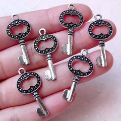 Small Antique Key Charms (6pcs / 13mm x 28mm / Tibetan Silver) Silver Key Charm Bracelet Steampunk Jewelry Bookmark Charm Wine Charm CHM1167