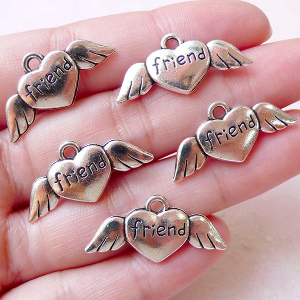 Friend Charms Winged Heart Charm (5pcs / 27mm x 13mm / Tibetan Silver / 2 Sided) Friendship Jewelry Best Friend Necklace Bracelet CHM1187