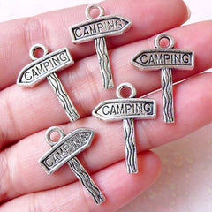 Camping Charms Camp Sign Charm (5pcs / 17mm x 23mm / Tibetan Silver / 2 Sided) Outdoor Vacation Charm Zipper Pull Key Fob Charm CHM1234
