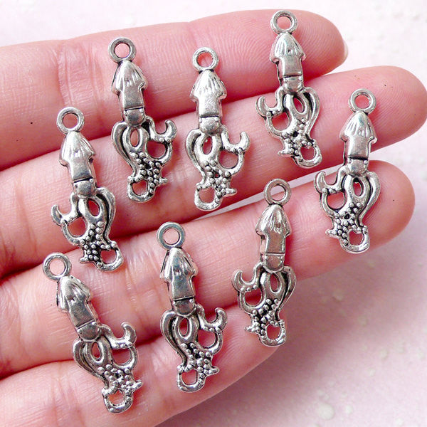 Squid Charms (8pcs / 10mm x 25mm / Tibetan Silver / 2 Sided) Food Seafood Charm Marine Life Sealife Ocean Beach Charm Bracelet CHM1249