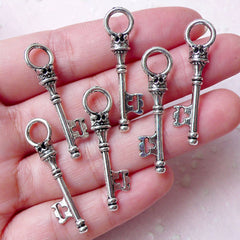 Lovely Princess Key Charms (6pcs / 9mm x 34mm / Tibetan Silver / 2 Sided) Silver Key Charm Pendant Bangle Kawaii Earphone Jack Charm CHM1275