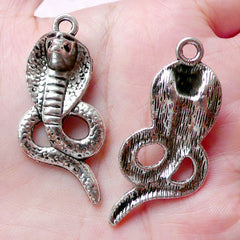 King Cobra Charms Snake Charm (2pcs / 19mm x 41mm / Tibetan Silver) Reptile Pendant Animal Necklace Handbag Zipper Pull Wine Charm CHM1320