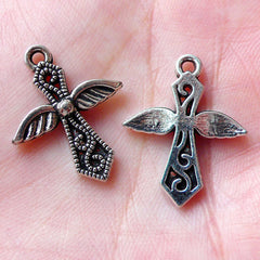 Cross w/ Angel Wing Charms (5pcs / 18mm x 22mm / Tibetan Silver) Religious Catholic Christian Necklace Bracelet Bangle Wine Charm CHM1337