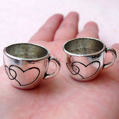 Miniature Coffee Cup Charms 3D Dollhouse Cup Pendant (2pcs / 26mm x 16mm / Tibetan Silver) Kawaii Kitsch Jewelry Whimsical Charm CHM1368
