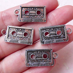 Cassette Tape Charms Vintage Audio Cassette Charm (4pcs / 23mm x 12mm / Tibetan Silver / 2 Sided) Retro Jewellery Bracelet Necklace CHM1373