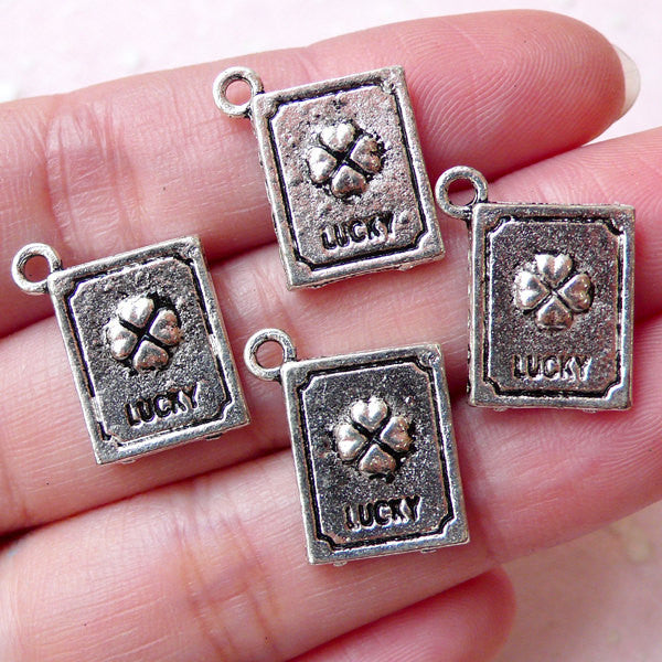 Clover Lucky Book Charms 4pcs 14mm x 17mm Tibetan Silver 2 Side MiniatureSweet Kawaii Resin Crafts Decoden Cabochons Supplies Jewelry Making