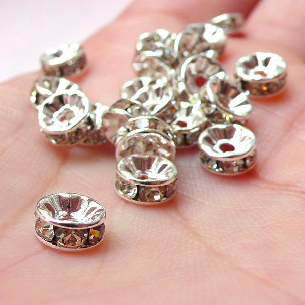 5mm Rhinestone Rondelle Beads / Bling Round Rondell Spacer (20pcs / Silver with Clear Rhinestones) Bracelet Necklace Wedding Jewelry F154