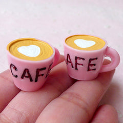 3D Cafe Coffee Cup Cabochons w/ Heart Latte Art (2pcs / 25mm x 17mm / Flat Bottom) Miniature Coffee Kitsch Jewelry Whimsical Decoden FCAB288