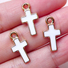 Cross Enamel Charms Color Religious Charm (3pcs / 9mm x 18mm / White) Pendant Necklace Bracelet Earring Bangle Anklet Bookmark Charm CHM1446