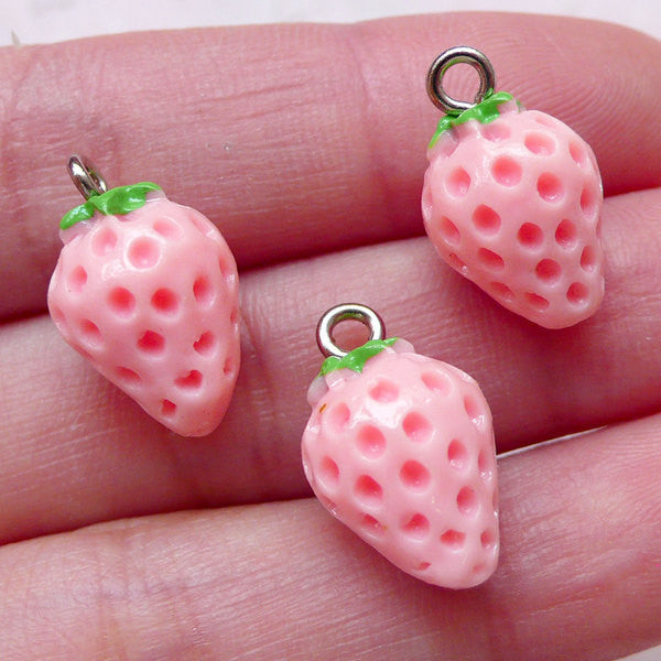 Lovely Strawberry Charms 3D Fruit Cabochon w/ Eye Pin (3pcs / 11mm x 17mm / Pink & Green) Pendant Bracelet Earrings Bangle Keychain CHM1457