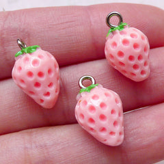 Lovely Strawberry Charms 3D Fruit Cabochon w/ Eye Pin (3pcs / 11mm x 17mm / Pink & Green) Pendant Bracelet Earrings Bangle Keychain CHM1457
