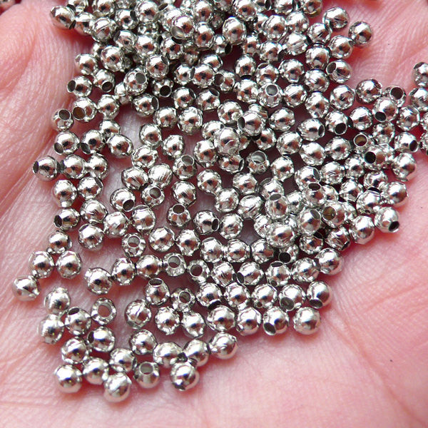 Tiny Silver Round Spacer Beads (2.4mm / 200 pcs / Dark Silver / Nickel, MiniatureSweet, Kawaii Resin Crafts, Decoden Cabochons Supplies